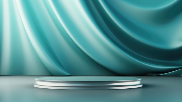 Elegant silver podium with a teal curtain in backdrop, Premium showcase mockup template for Beauty, Cosmetic, Luxury products, with copy space for text