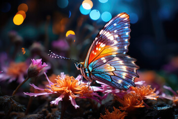 Fototapeta na wymiar Beautiful glowing magical multi-colored butterfly on beautiful flowers. Fantasy. Animal Protection Day concept.