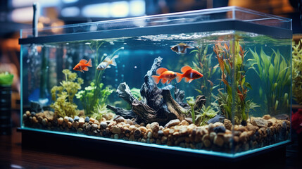 Aquarium fish Guppy swim among algae and stones, corrals and underwater plants in an aquarium