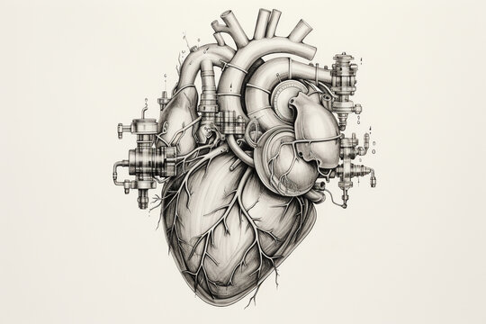 Ink or pencil drawing of mechanical human heart on paper. Retro vintage, pop-art, steam punk style. Generative AI