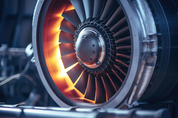 Jet engine close up. Maintenance at aircraft hangar. Testing turbine engine in the air tunnel - obrazy, fototapety, plakaty
