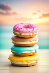stack of colorful donuts on blue background