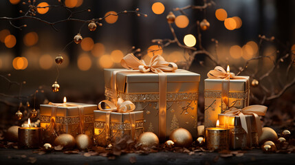 Golden Christmas presents arranged beautifully under a glittering tree - ideal for adding a touch of luxury to your holiday marketing materials