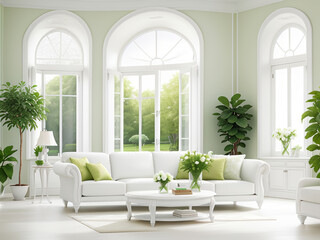 Fototapeta premium White interior with green plants. AI