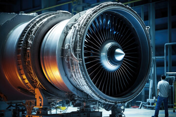 Jet engine close up. Maintenance at aircraft hangar.Jet engine maintenance and change part by aircraft technician . Testing turbine engine in the air tunnel - obrazy, fototapety, plakaty