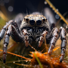 Spider, photography, black, eight-legged, predatory, on a dew-kissed web, eerie, morning mist light, muted grays and blacks Generative AI