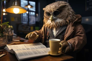 Poster An owl in glasses and reading a financial report, portraying animals as intelligent and capable decision-makers. Generative Ai. © Sebastian