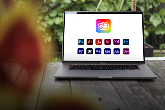 Adobe Creative Cloud and all it's contents logotypes, displayed on a MacBook Pro screen