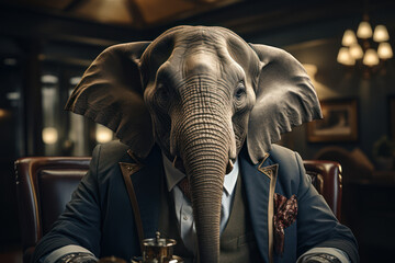 A wise elephant as a financial advisor, helping animals plan for their future financial well-being. Generative Ai. - obrazy, fototapety, plakaty