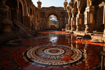 Obraz premium Elaborate mosaic flooring in the ruins of an ancient villa, revealing intricate patterns from the past. Generative Ai.
