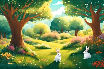  tress in garden and rabbit  sit under tress view