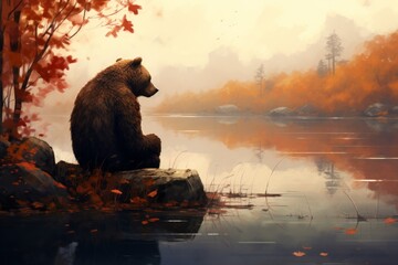 A lonely brown bear sitting in the rain at a river in Canada during autumn Generative Ai - obrazy, fototapety, plakaty