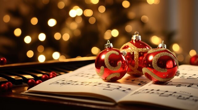 captivating visual by blending musical notes and Christmas balls, celebrating the harmony of music and the holiday season.