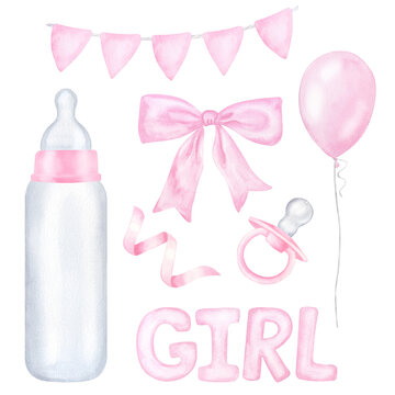 Set for newborn girl, pink flags, milk bottle, pacifier, bow, balloon. Hand drawn watercolor illustration isolated on white background. Gender reveal party, baby shower, newborn, children's design