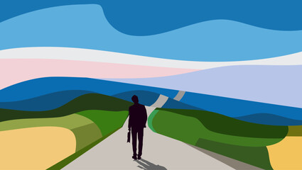 Obraz premium businessman standing on the path looking at scenic landscape, career success, new job, leadership, career path to success. 
