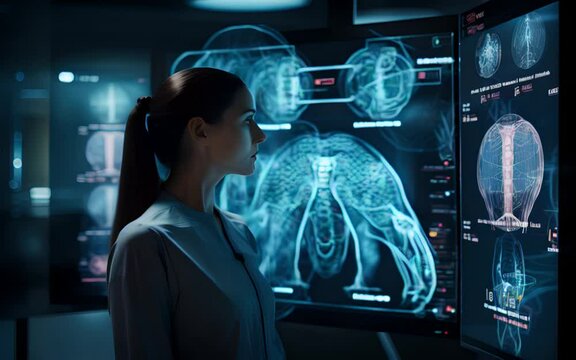 a woman in front of several large medical computer monitors. The concept of artificial intelligence and innovative technologies. Generative AI