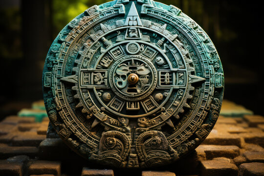 An ancient Aztec calendar stone, representing the intricate timekeeping system of the Aztec civilization. Generative Ai.