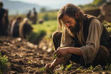 A medieval serf toiling in the fields, working the land to sustain a feudal society. Generative Ai.