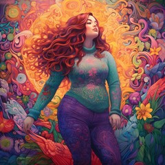 Obraz na płótnie Canvas Colorful artwork of a young, curvy woman dancing happily Generative Ai