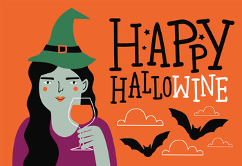 Vector illustration of witch in hat with glass of red wine and lettering phrase Happy Hallowine. Funny typography poster, party invitation print design - 656005256
