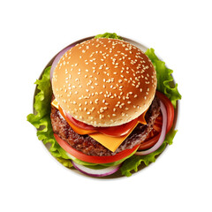 Delicious Burger on a plate transparent background. Fresh tasty and appetizing cheeseburger. Tasty burger top view