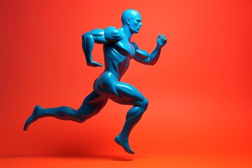 3D Silhouette of  a blue running man made of plasticine on red background Generative ai