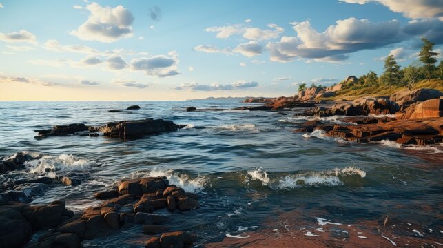 Rocky shoreline waves calmly UHD wallpaper Stock Photographic Image