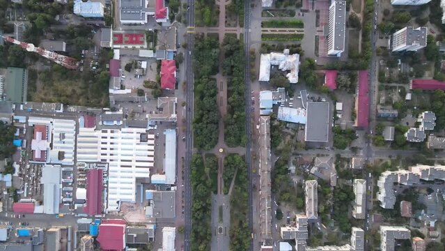 Chernihiv urban city center high from above drone top down flyby on a summer day