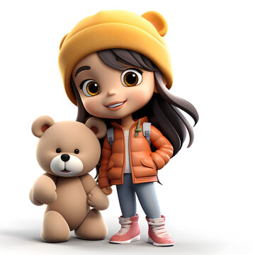 Cartoon 3d girl with teddy bear isolated on white