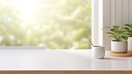 White table with a pot and a cup of coffee on the background of the window generativa IA