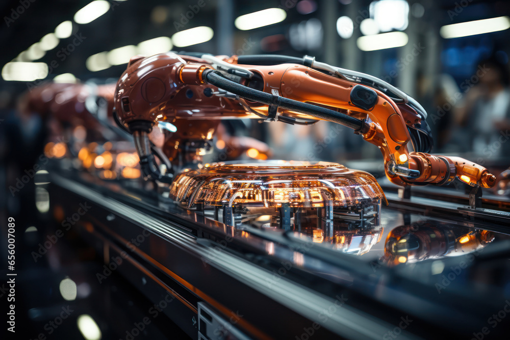Poster a futuristic automated assembly line with robots efficiently manufacturing products. generative ai.