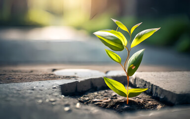 Plant growing from the cream in the asphalt. Never give up, concept of rebirth, effort and effort for success.