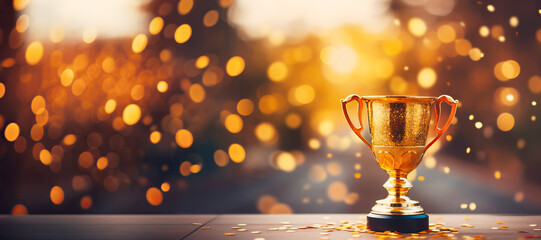 Champion golden winners trophy cup on a shining bokeh background