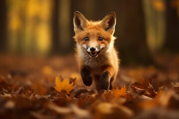 Naklejka na ściany i meble Cute Fox runs through autumn leaves Generative Ai