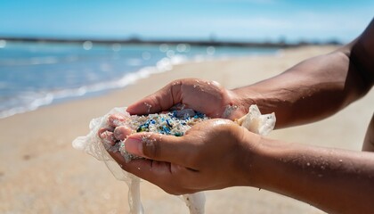  Microplastics are contaminated in the sea. Concept of water pollution and global warming,  Concept of water pollution and global warming hands on beach - obrazy, fototapety, plakaty