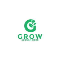 Grow logo design lettering vector template, letter G with leaf logo vector