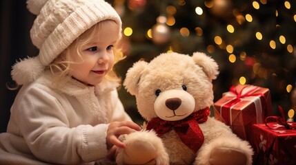 magic of Christmas as a cute, curly toddler girl sits indoors with her beloved toy bear, eagerly...