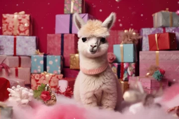 Selbstklebende Fototapeten cute baby llama alpaca with christmas gift boxes on pink background © gankevstock