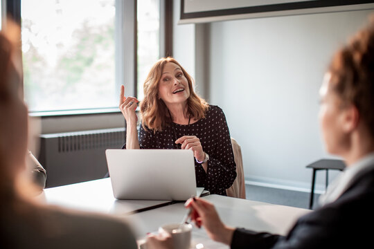 Young businesswoman presenting her project to her coworkers at the conference room