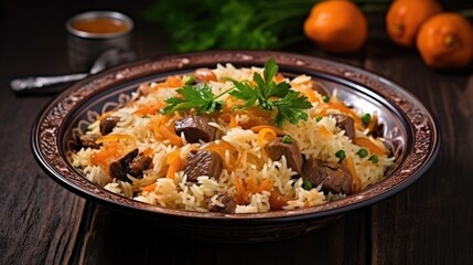 A bowl of rice with carrots and mushrooms. Imaginary illustration. Uzbec plov, pilaf dish.