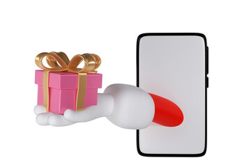 Santa Claus hand holding pink gift box from smartphone isolated on white background. Christmas concept 3D rendering illustration