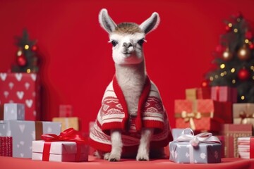 cute baby llama alpaca with christmas gift boxes on red background