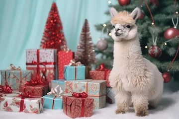 Foto op Canvas cute baby llama alpaca with christmas gift boxes on white background © gankevstock