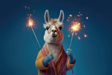 Foto auf Acrylglas Lama cute llama holding sparklers on blue background