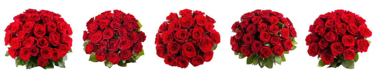 Obraz premium Large flower arrangement or bouquet with many red roses isolated on transparent background generative ai