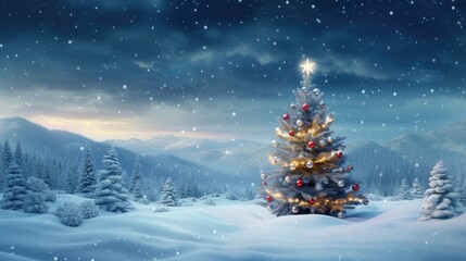 Beautiful decorated snowed in christmas tree in a cold winterlandscape