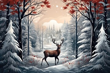 A painting of a deer in a snowy forest. Imaginary illustration.