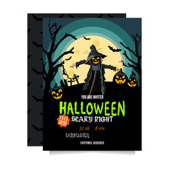 Halloween party invitation with a scarecrow, graves, bats, pumpkins and trees in full moon