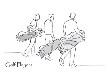 Line art vector of golf players in golf clu with bags walking on the course