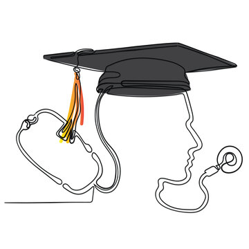 recommend clip art: line art vector of Medical education concept as a doctor wearing a graduation hat or mortar board as a metaphor and symbol of health care medicine professor. 